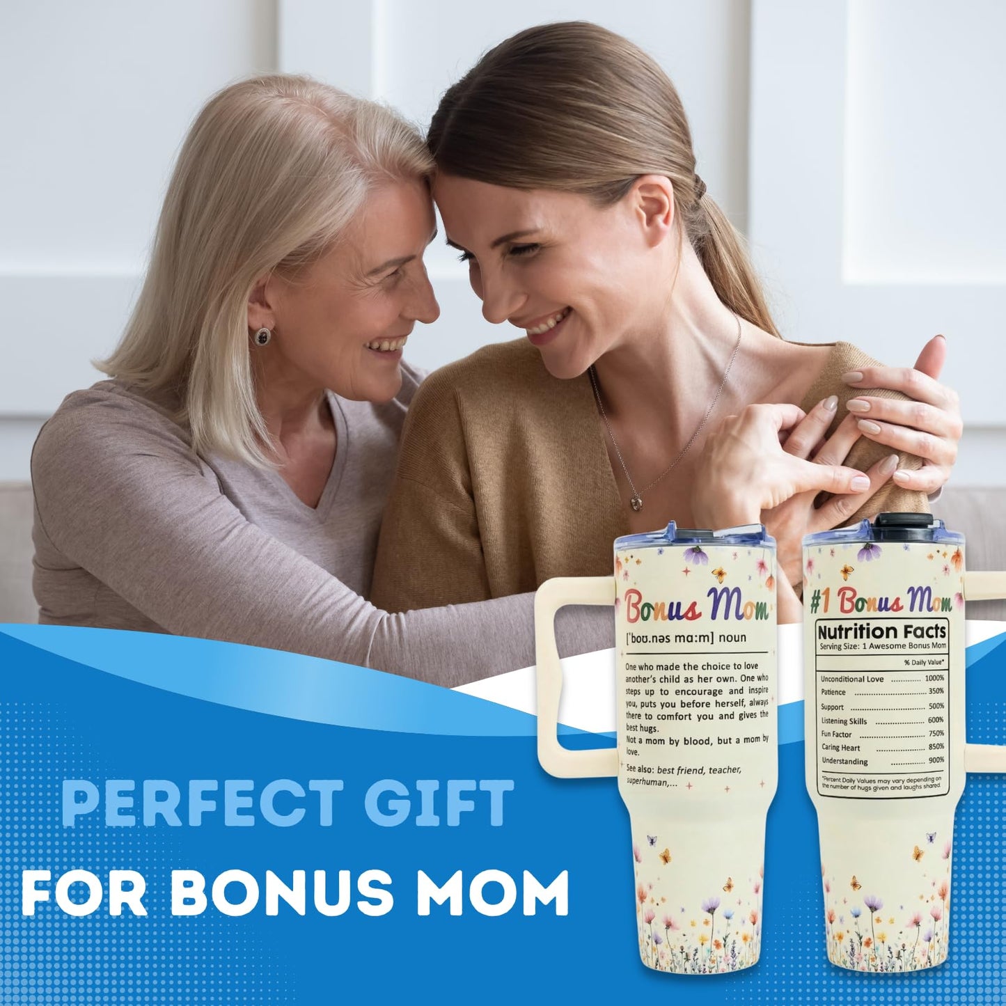 Bonus Mom Gifts 40 Oz Tumbler with Handle and Straw, Bonus Mom Gift with Funny Nutrition Facts Design, Gifts for Step Moms, Birthday Gifts for Bonus Moms from Daughter, Son or Family