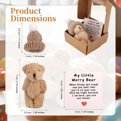 Mini Worry Bear in Box with Hat, Positive Mini Plush Bear with Encouragement Card Inspirational Stress Relief Toy for Family Friends Coworkers Gift