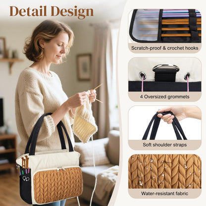 DALINDA Crochet Bag Organizer,Yarn Bag and Tote- Yarn Storage with Multiple Pockets for Crochet Supplies, Knitting Bag for Gifts,Portable & Durable(Brown)