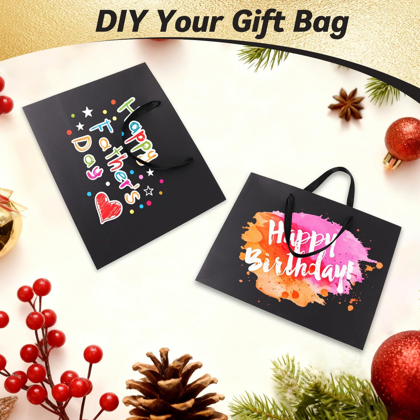Addblu 5 Pack Large Black Gift Bags with Handles - Includes 10 Tissue Papers, 12.6x8.7x4 Inches for Men Birthday Party, Wedding, Bridesmaid, Groomsmen, Shopping Business, Christmas (Black Medium - 5Pcs)
