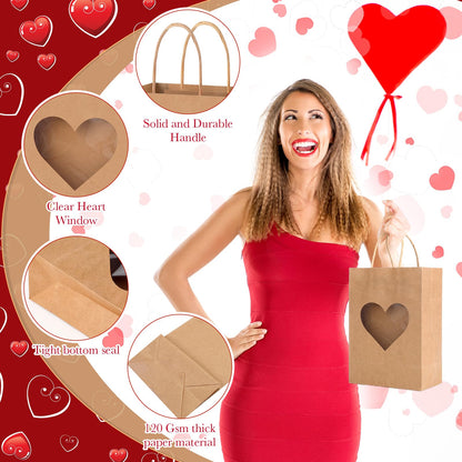 Eersida 24 Pcs Valentine's Day Gifts Bags with Heart Window Kraft Brown Paper Goodie Bag Bulk Holiday Candy Treat Wrapping with Handle for Galentines Wedding Birthday Party Supplies, 8.3"x5.9"x3.2"