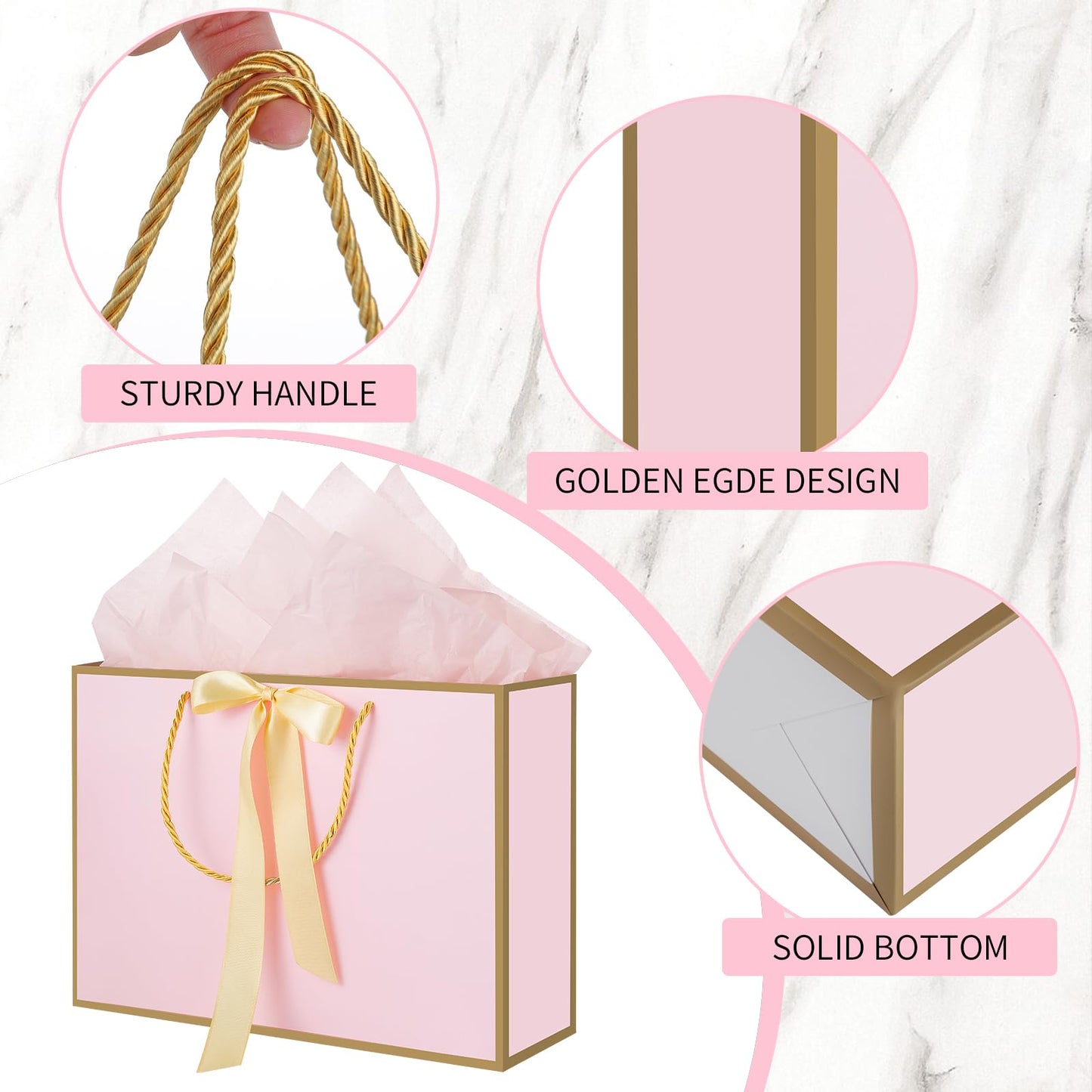 woric Pink Gift Bags with Handles, 14" Medium Gift Bags with Tissue Paper, 2 Pcs Pink Bags with 4 Tissue Paper and 2 Cards for Baby Shower Wedding Bridal Shower Graduation Birthday Party