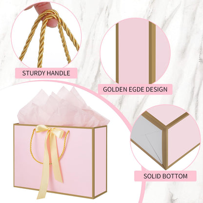 woric Pink Gift Bags with Handles, 14" Medium Gift Bags with Tissue Paper, 2 Pcs Pink Bags with 4 Tissue Paper and 2 Cards for Baby Shower Wedding Bridal Shower Graduation Birthday Party