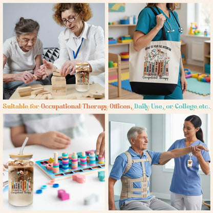 Vesici 3 Pcs Occupational Therapist Appreciation Gifts for Women, 16 oz Glass Cup Large Canvas Tote Bag with Retractable Badge Reel Occupational Therapist Week Gifts