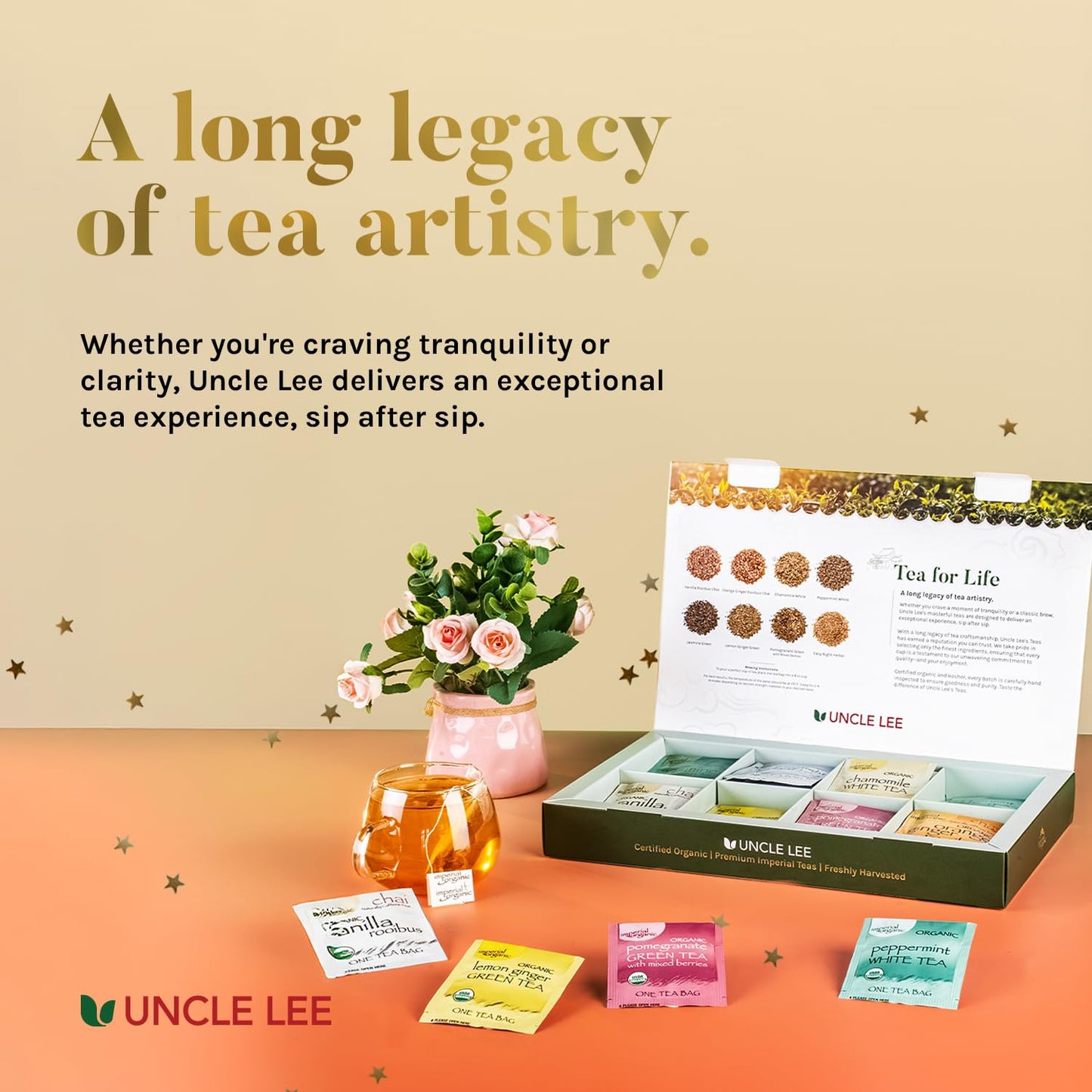Uncle Lee’s Organic Tea Variety Gift Set – Wellness Collection with 8 Teas (6 Bags Each) in a Premium Gift Box, 3.3 Oz (48 Tea Bags)