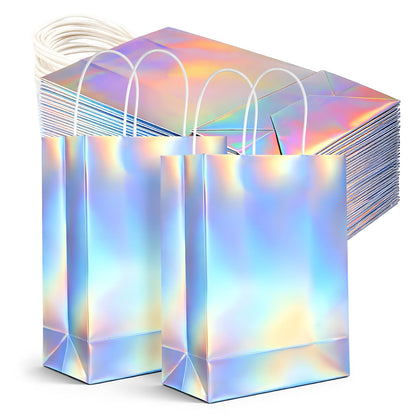 IMengjbang 40 Pcs Iridescent Gift Bags with Handle, 8.3 x 5.9 x 3.1 Inch Holographic Glossy Paper Goodie Bags Reusable Glitter Party Favor Tote for Birthday Wedding Bachelorette Party Boutique