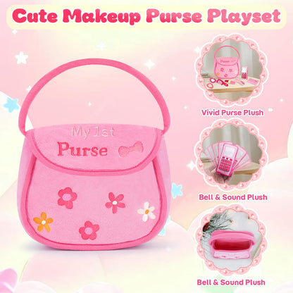 My First Pink Purse Plush, Baby Purse Set with 6 Pcs Makeup Plushies for Toddlers, First Birthday Gifts for Girls