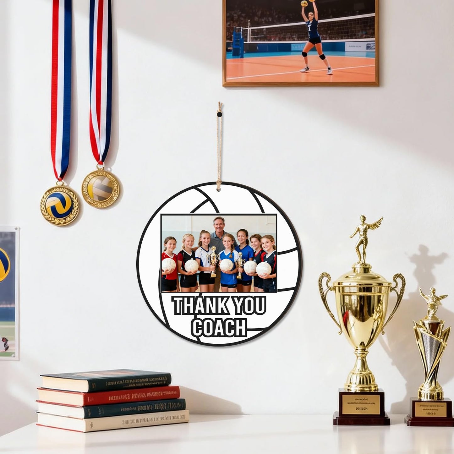 WATINC Coach Gift Picture Frame - 4pcs Sport Thanks Coach Wood Photo Frame with Signature Pen for Women Men Team Player, Home Office Sports Decorations Hanging Frame Wall Art Photo Album(Volleyball)