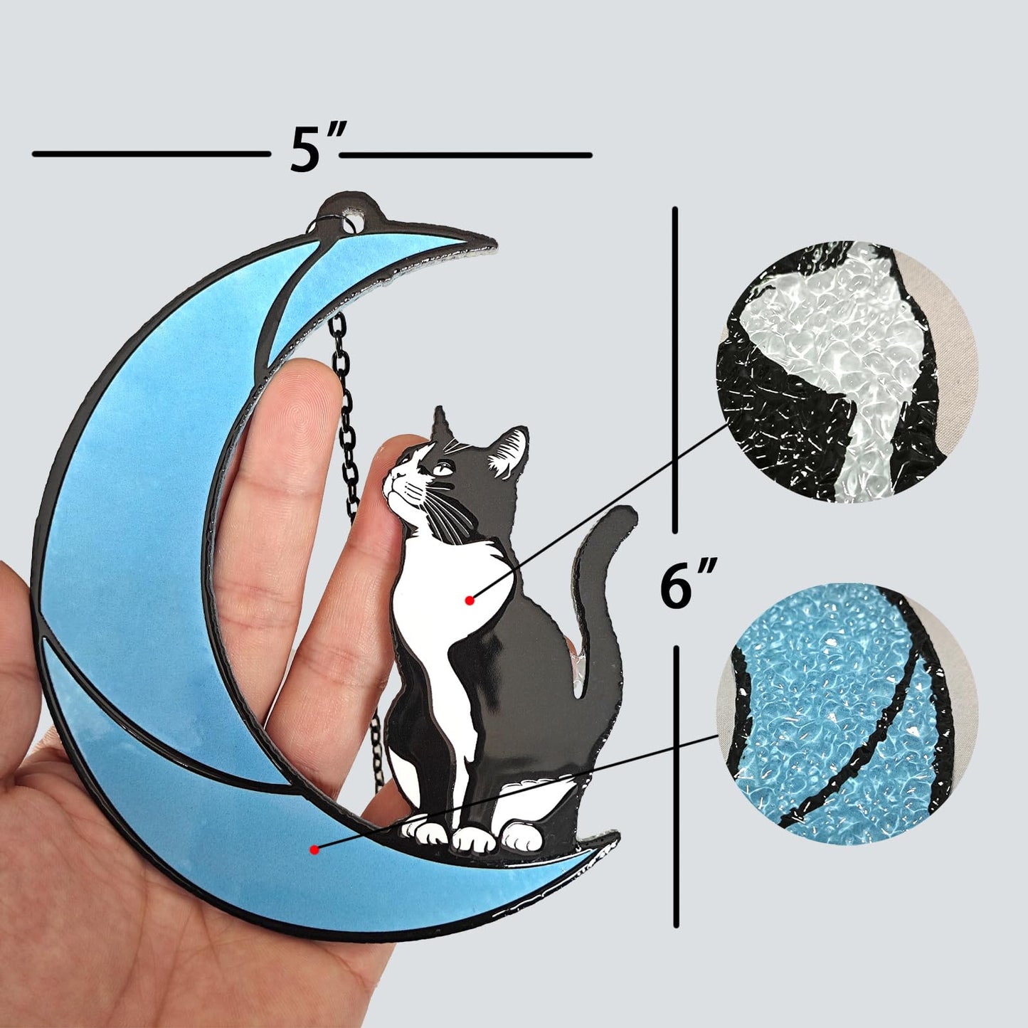 Black and White Cat Moon Suncatcher - Cat Loss Sympathy Gift, Tuxedo Stained Glass Hanging Ornament for Memorial Home Decor