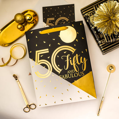 WRAPAHOLIC 13" Large 50th Birthday Gift Bag with Card and Tissue Paper - 50 Fifty and Fabulous
