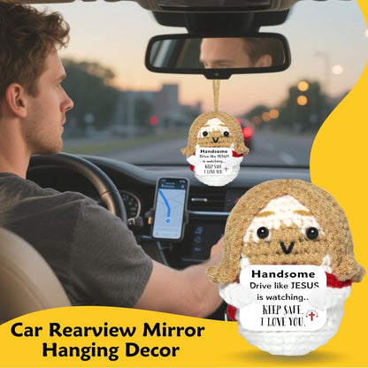 Easter Basket Stuffers for Men Driver: Crochet Little Jesus Christian Gifts Handmade Car Decors with 'Keep Safe' Cards Rearview Mirror Hanging Accessories, Catholic Religious Husband Him Gift Ideas