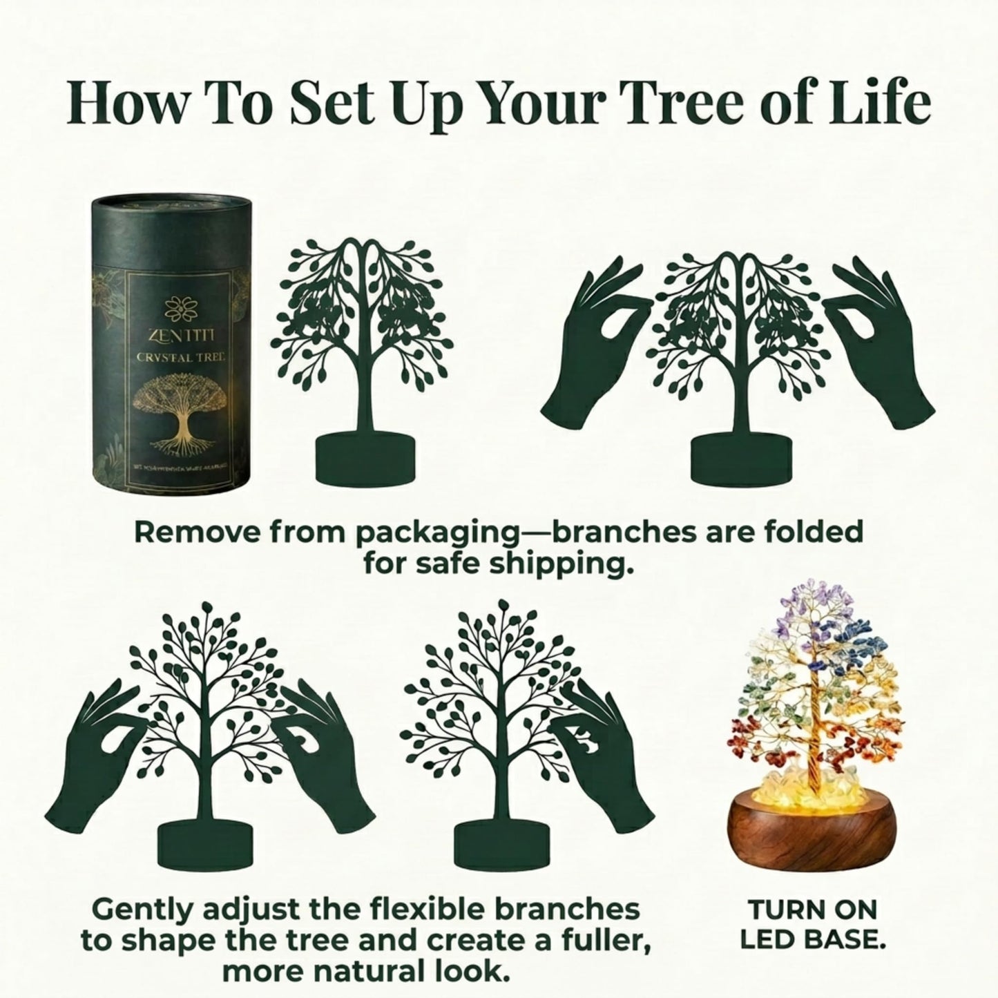 7 Chakra Crystal Tree of Life with LED Light, Handcrafted Gemstone Bonsai with Quartz Crystal Base & Acacia Wood Stand, Spiritual Home & Office Décor, Gift for Women,
