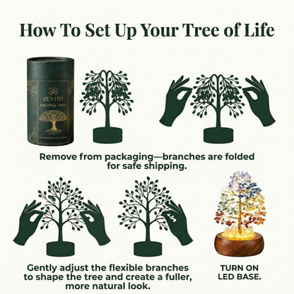 7 Chakra Crystal Tree of Life with LED Light, Handcrafted Gemstone Bonsai with Quartz Crystal Base & Acacia Wood Stand, Spiritual Home & Office Décor, Gift for Women,