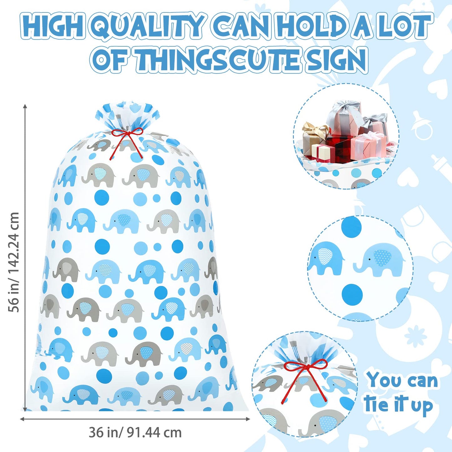 Zonon 3 Pcs 56'' XL Extra Large Baby Shower Bag Blue Elephant Giant Oversized Holiday Plastic Gift Bags Jumbo Huge Storage Wrapping for Birthday Present Holiday Party Favors Gift Wrap(Blue)