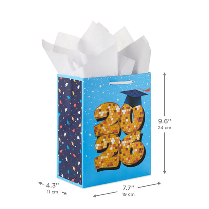 Hallmark 9" Medium Year-Dated Graduation Gift Bag with Tissue Paper (Class of 2026, Gold Disco Ball on Blue with Stars) for High School, College, University
