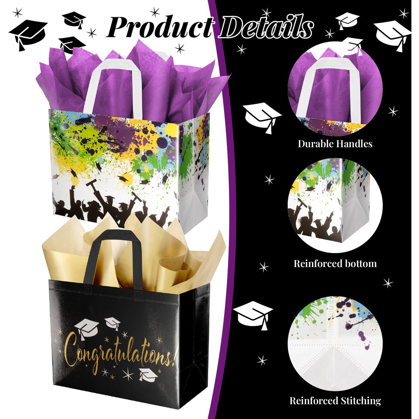 ysmile 2-Pack 2026 Graduation Gift Bags with Tissue Paper & Cards – Reusable Non-Woven Totes for Grad Congrats (12.6", White Colorful & Black Gold)