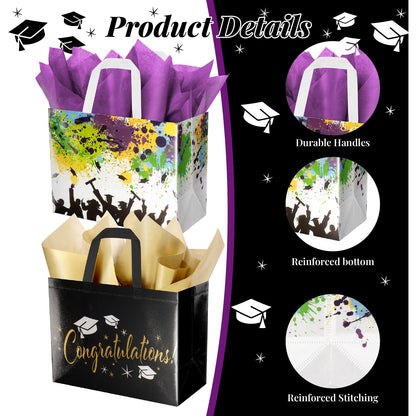 ysmile 2-Pack 2026 Graduation Gift Bags with Tissue Paper & Cards – Reusable Non-Woven Totes for Grad Congrats (12.6", White Colorful & Black Gold)