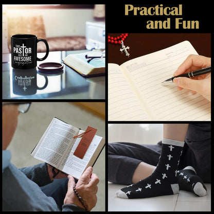 7 Pcs Pastor Appreciation Gift for Men Christian Pastor Gift Includes Leather Journal Man of God Bookmark Pen 11 oz Coffee Mug Cross Crew Socks Box for Birthday Fathers Day(Brown and Black)