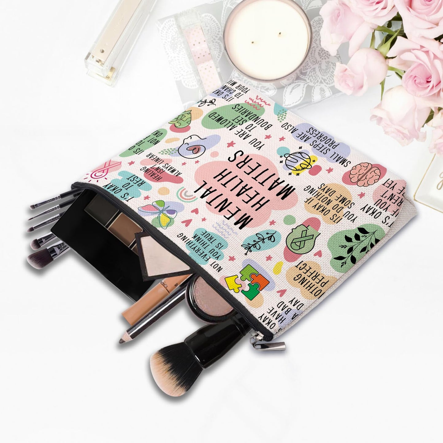 Mental Health Gifts Makeup Bag - Awareness Gift, Daily Affirmation, Positive Quotes Cosmetic Bag for Women