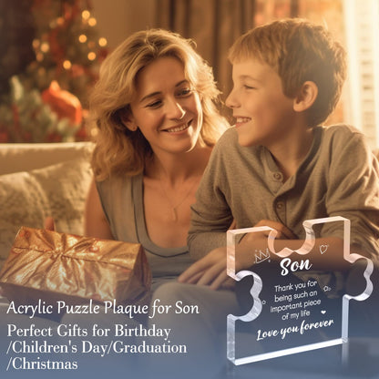Funnli Gifts for Son from Mom, Fathers Day Graduation Christmas Valentines Day Wedding Easter Gifts for Son Acrylic Puzzle Plaque, Birthday Gifts for Son 3.35 x 2.76 Inch Desk Decorations