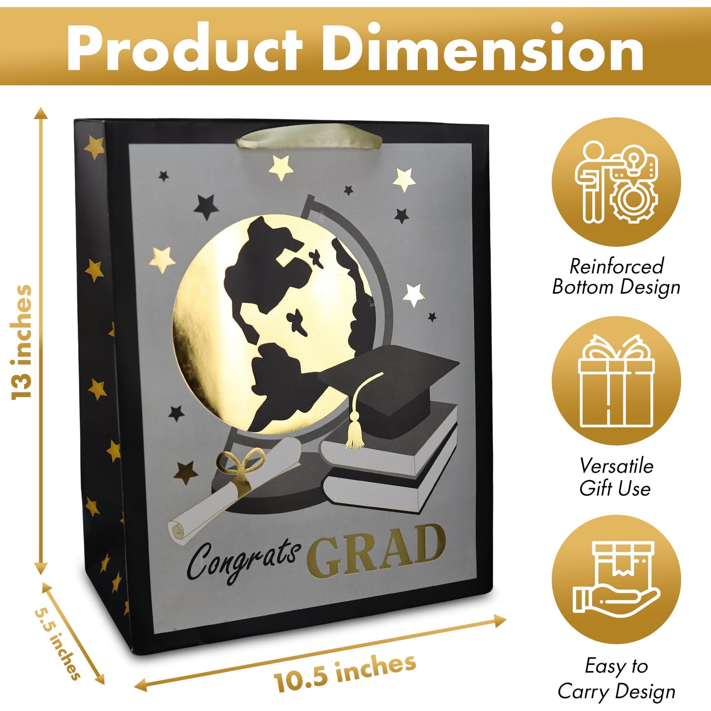 Iconikal 3-Pack Graduation Gift Bags, Large 10.5x13x5.5 Inch, Foil Embellished Designs