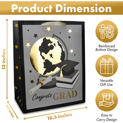 Iconikal 3-Pack Graduation Gift Bags, Large 10.5x13x5.5 Inch, Foil Embellished Designs