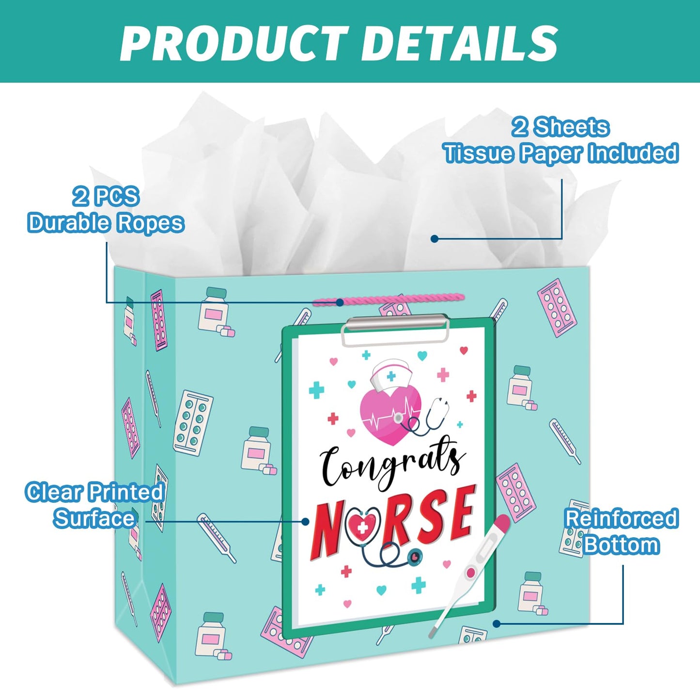 JUESMOS Nurse Graduation Gifts Bag with Tissue Paper 13" Large Congrats Nurse Gift Bag Nurse Week RN Gifts Bag for New Nurses Nursing Graduation Gifts for Medical School Graduates Healthcare Workers
