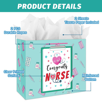 JUESMOS Nurse Graduation Gifts Bag with Tissue Paper 13" Large Congrats Nurse Gift Bag Nurse Week RN Gifts Bag for New Nurses Nursing Graduation Gifts for Medical School Graduates Healthcare Workers