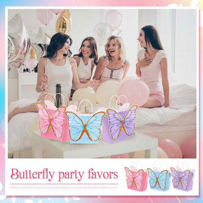 MotiMind 24 Pcs Butterfly Party Favor Bags with Handles Pink Purple Blue Butterfly Goodie Gift Paper Treat Candy Bags for Birthday Party Bridal Showers Supplies (Fresh Colors)