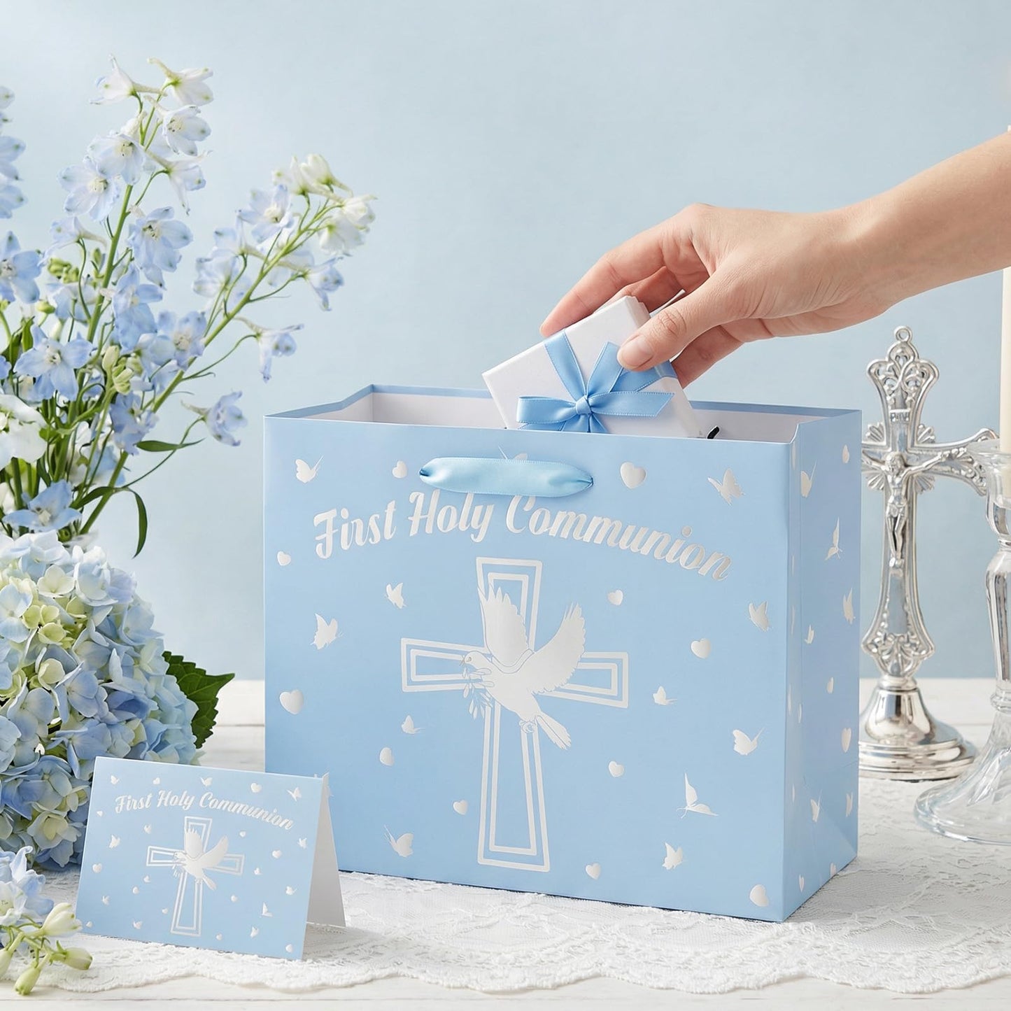 Yomaiha Blue First Holy Communion Gift Bag with Wrapping Paper and Greeting Card, Silver Cross Gift Bag with Pigeon Design Christian Religious Wrapping Paper Bag for Baby Boy Baptism Party Supplies