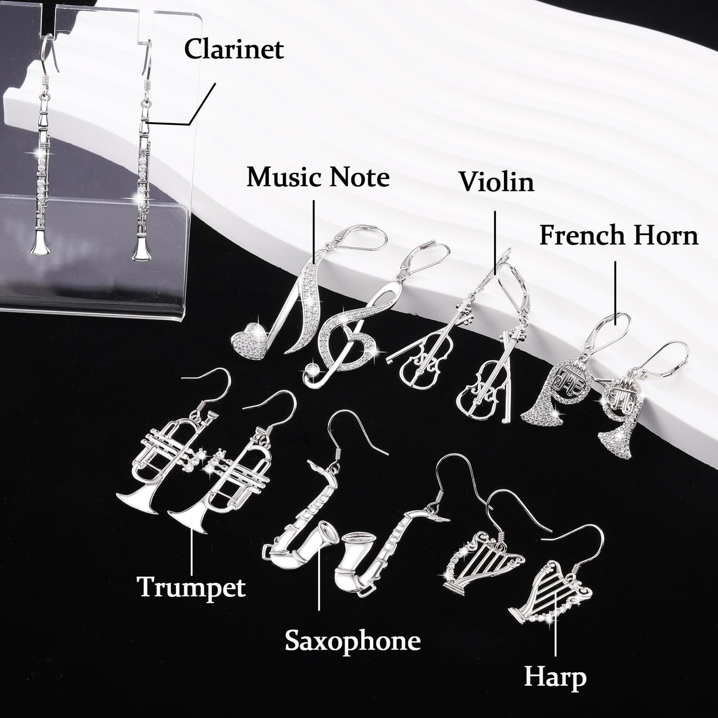 Sterling Silver Music Earrings - Violin/Clarinet/Trumpet/French Horn/Treble Clef/Saxophone/Harp Dangle Earrings Musical Instrument Jewelry Gifts for Musician Teacher Women Men