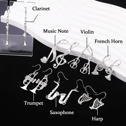 Sterling Silver Music Earrings - Violin/Clarinet/Trumpet/French Horn/Treble Clef/Saxophone/Harp Dangle Earrings Musical Instrument Jewelry Gifts for Musician Teacher Women Men