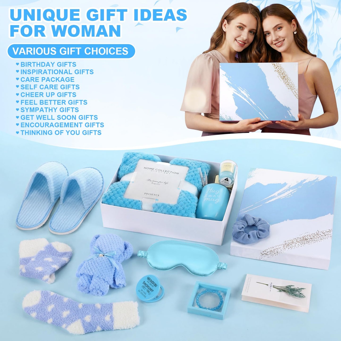 Sieral 14 Pcs Birthday Gifts for Women Care Blanket Gifts Set Spa Baskets Get Well Soon Gift Baskets Mother's Day Gift for Women Mom Her Girlfriend Sister Daughter Friend Wife Grandma(Plain,Blue)