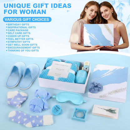 Sieral 14 Pcs Birthday Gifts for Women Care Blanket Gifts Set Spa Baskets Get Well Soon Gift Baskets Mother's Day Gift for Women Mom Her Girlfriend Sister Daughter Friend Wife Grandma(Plain,Blue)