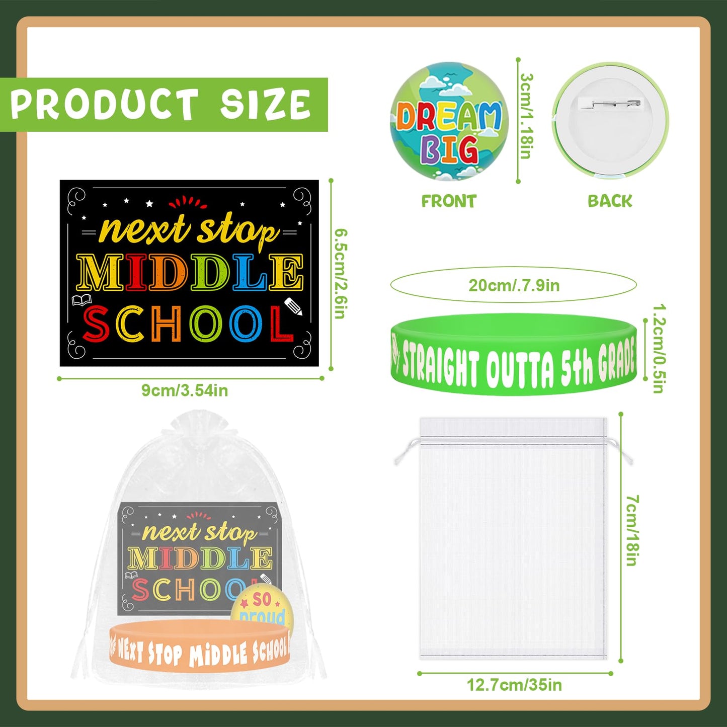 144 Pcs 5th Grade Graduation Gifts Include 36 Rubber Wristbands 36 Graduation Badges 36 Congratulations Graduations Card 36 Organza Bags for Fifth Grade Party Favors Supplies