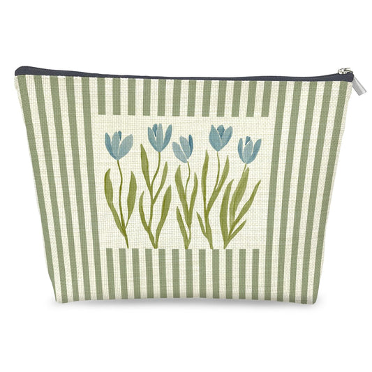 Blue Tulip Floral Makeup Bag Gifts for Women, Cottagecore Spring Botanical Tulip Flower Cosmetic Bag, Trendy Sage Green Striped Zipper Makeup Pouch Travel Toiletry Bags