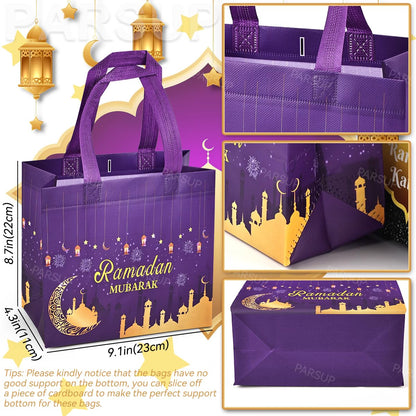PARSUP 16PCS Eid Mubarak Reusable Gift Bags, Treat Bags with Handles, Ramadan Mubarak Party Bags, Multifunctional Non-Woven Eid Bags for Gifts Wrapping, Ramadan Kareem Party Supplies, 9.2"×8.7"×4.3"