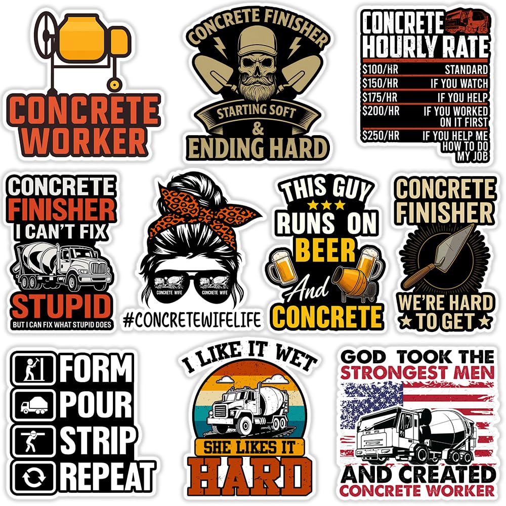 SODAVA Funny Concrete Worker Sticker – 10 pcs 3-Inch Vinyl Stickers for Construction Workers, Concrete Finishers, Cement Mixer Humor, Waterproof Decals for Hard Hat, Toolbox, Laptop, Gift for Men