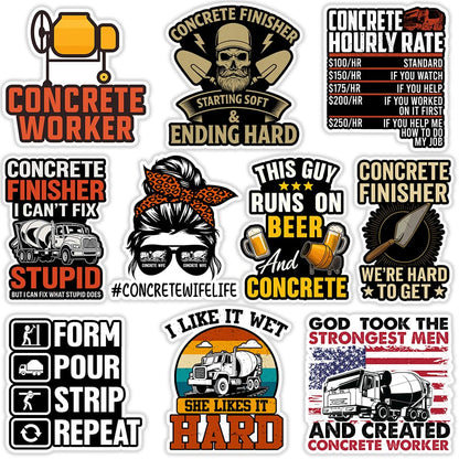 SODAVA Funny Concrete Worker Sticker – 10 pcs 3-Inch Vinyl Stickers for Construction Workers, Concrete Finishers, Cement Mixer Humor, Waterproof Decals for Hard Hat, Toolbox, Laptop, Gift for Men