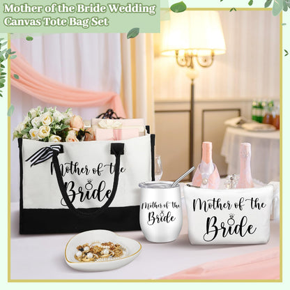 FoldTier 4 Pieces Mother of the Bride Bags Bridal Shower Gifts for Wedding Canvas Tote Bag for Mother of the Bride with Makeup Bag Tumbler Cup Mother Jewelry Tray Bridal Ring Holder for Wedding