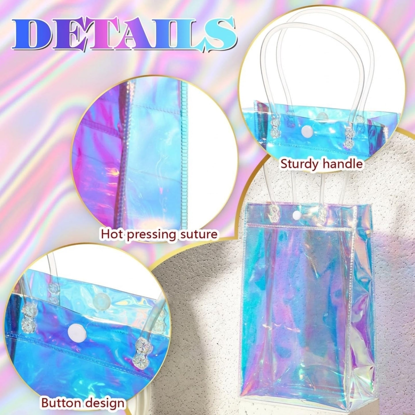 Sherr 16 Pcs Holographic Small Gift Bag Reusable Iridescent Clear Bags for Women PVC Plastic Goodie Holder with Handles for Shopping Christmas Holiday Party Favor(6.3" x 9.84" x 3.15",Rainbow)