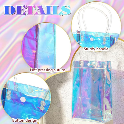 Sherr 16 Pcs Holographic Small Gift Bag Reusable Iridescent Clear Bags for Women PVC Plastic Goodie Holder with Handles for Shopping Christmas Holiday Party Favor(6.3" x 9.84" x 3.15",Rainbow)