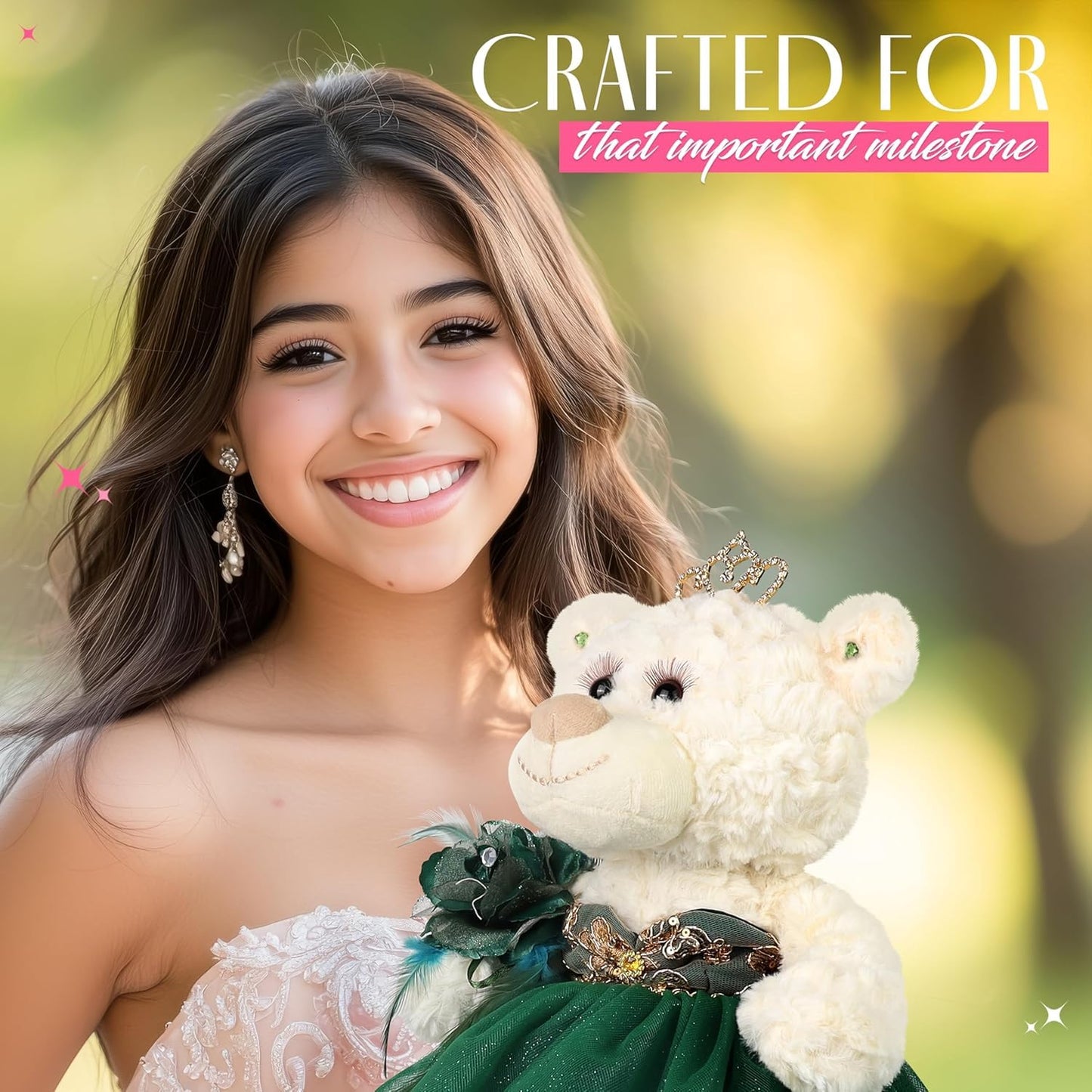 KINNEX COLLECTIONS SINCE 1997 Classic Size Quinceañera Bear with Elegant Dress – Gift-Ready Keepsake and Centerpiece Decoration for 15 Años, OSO Quinceañera Tradicional B14631-3 (Pink)