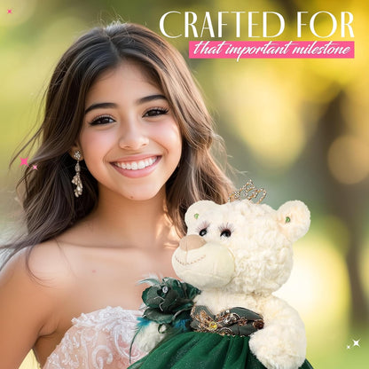 KINNEX COLLECTIONS SINCE 1997 Classic Size Quinceañera Bear with Elegant Dress – Gift-Ready Keepsake and Centerpiece Decoration for 15 Años, OSO Quinceañera Tradicional B14631-3 (Pink)