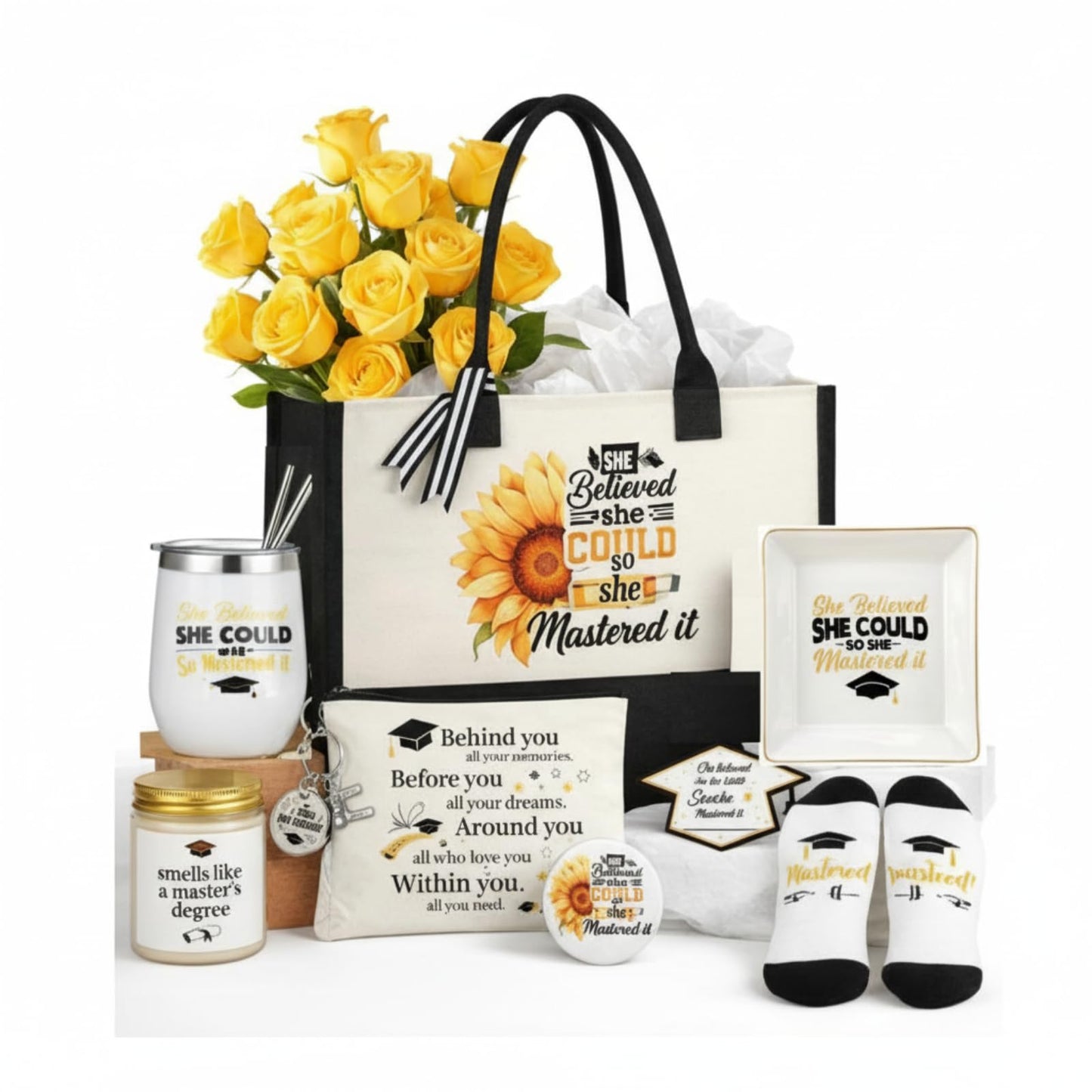 Locmeo 10 Pcs Master Degree Graduation Gifts for Women Include Tote Bag Makeup Bag Tumbler Candle Tray Socks Card Mirror Keychain and Box for Class of 2026 College Masters Graduation