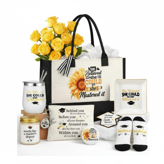 Locmeo 10 Pcs Master Degree Graduation Gifts for Women Include Tote Bag Makeup Bag Tumbler Candle Tray Socks Card Mirror Keychain and Box for Class of 2026 College Masters Graduation