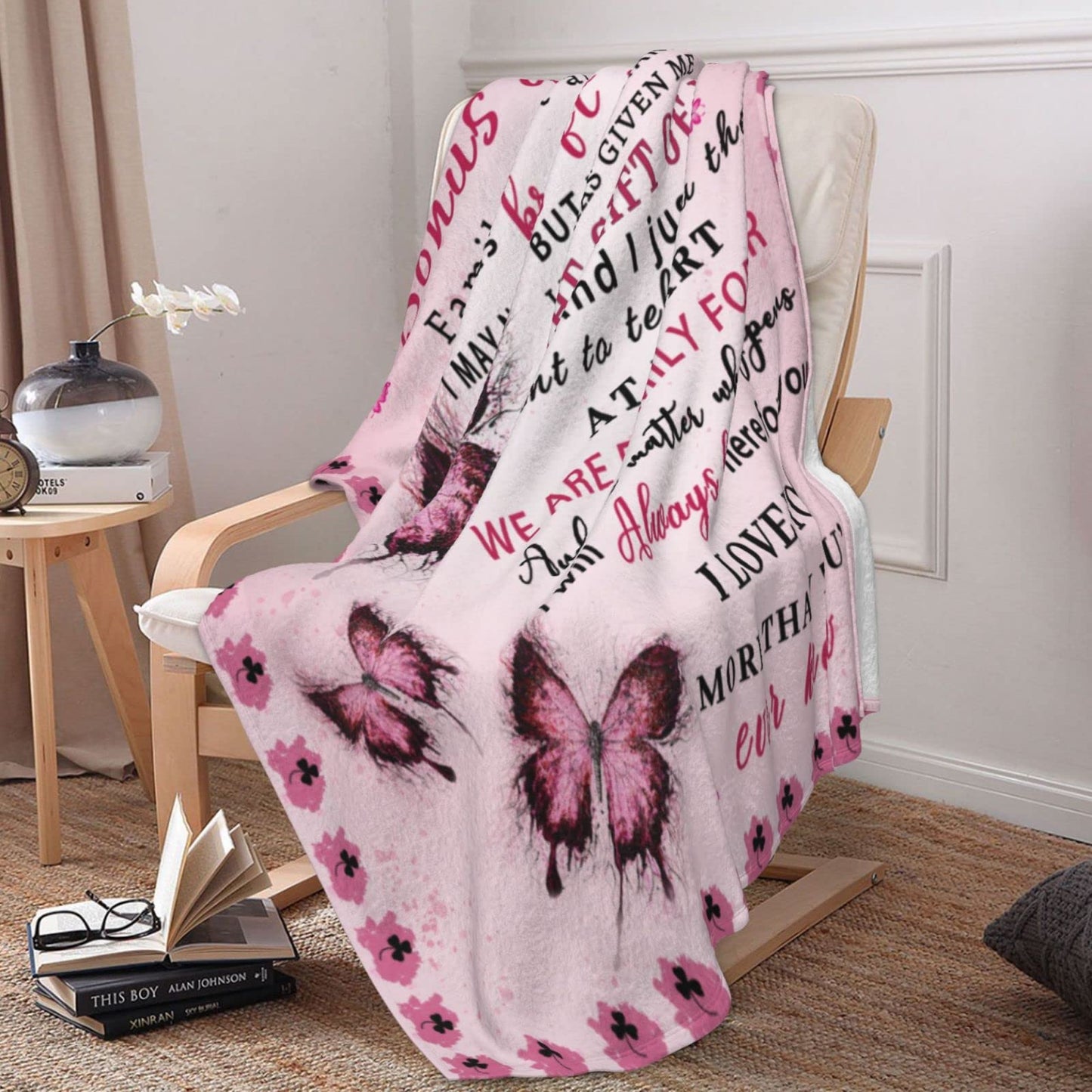 Butterfly Bonus Daughter Blanket - Bonus Daughter Gifts - Step & Unbiological Daughters Gifts from Stepmom Stepdad - Gift for Birthday, Graduation, Christmas, Soft Flannel Throw Blanket, 60"x50"