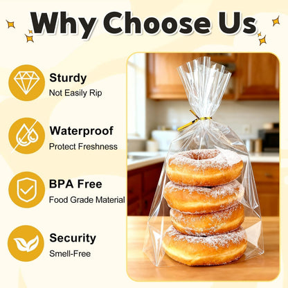 PigPotParty Cellophane Bags 8x11 Inch, 50 Pack Clear Plastic Gift Bags with Bottom Gusset for Stand-Up Display, Medium Cello Gift Wrap for Goodies, Treats, Party Favors, Mugs, Includes 50 Gold Ties
