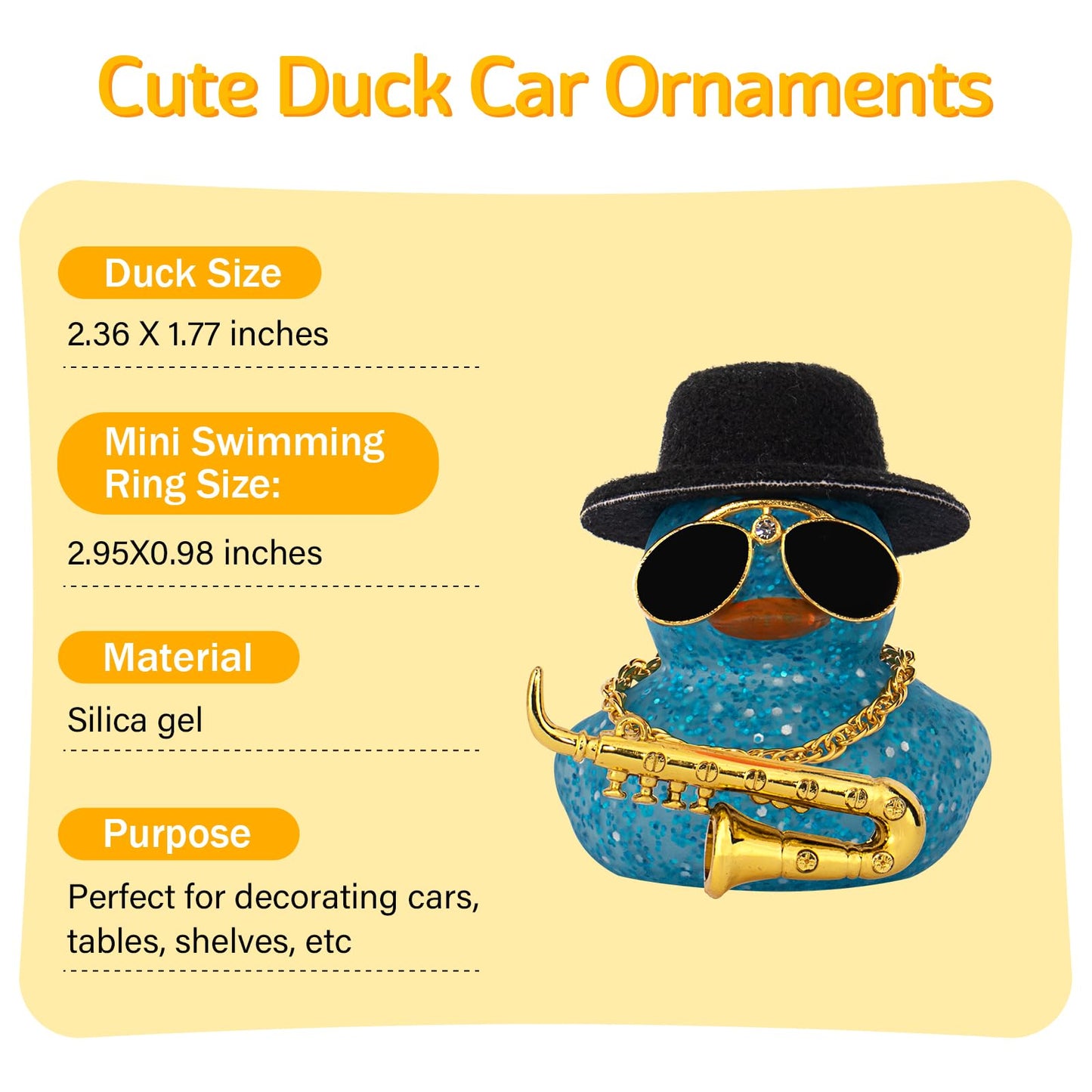 wonuu Car Dashboard Ducks, Saxophone Decor Rubber Duck Car Ornaments with Mini Top Hat Necklace Sunglasses (Light Blue)
