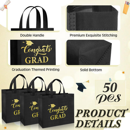 Sweetude 50 Pcs Graduation Gift Bags Bulk with Handles Reusable Congrats Grad Non Woven Tote Bags 12 x 11 x 5 Inches Black and Gold Graduation Party Favors for College High School Party Supplies